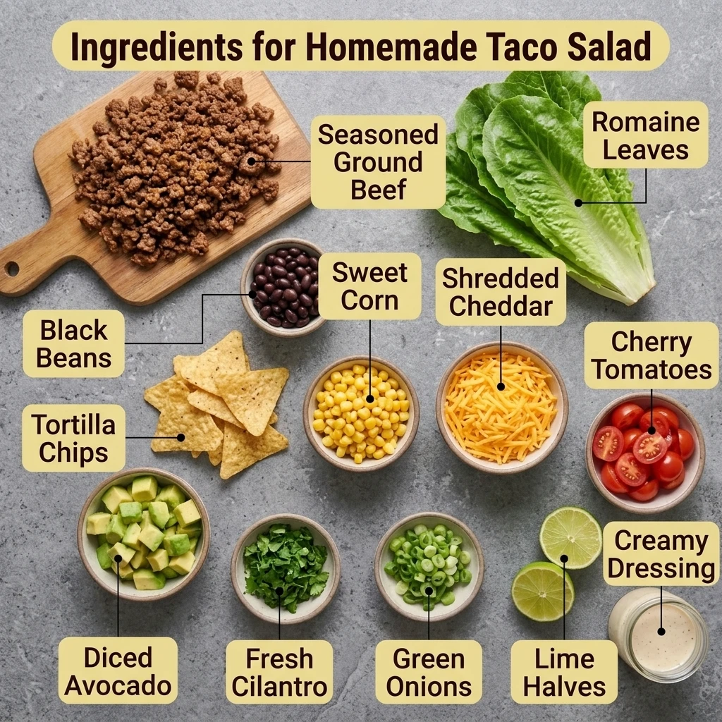 Ingredients for homemade taco salad laid out flat, including beef, beans, corn, tomatoes, cheddar, and avocado