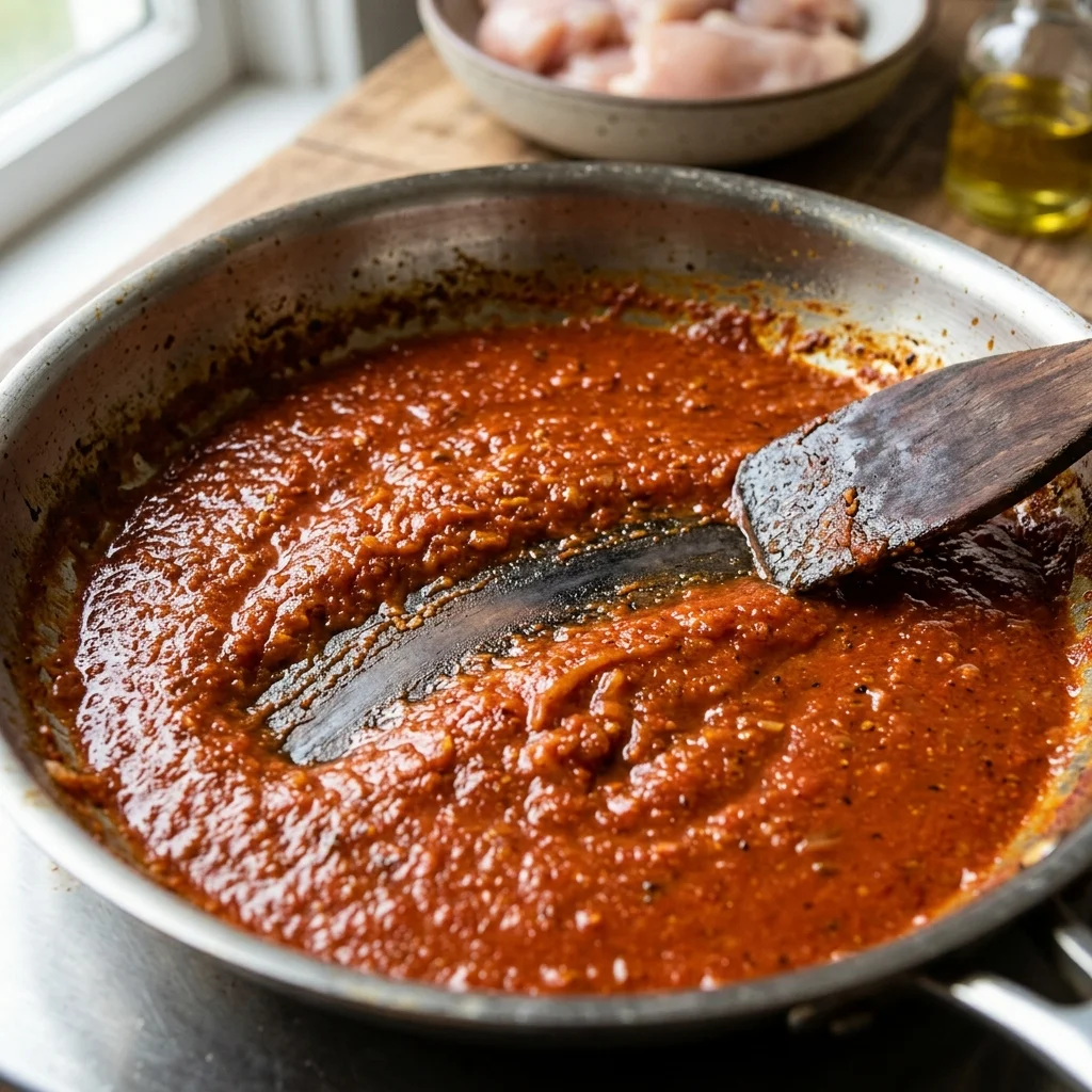 Reduced tomato spice sauce showing the thick texture needed before finishing the butter chicken.