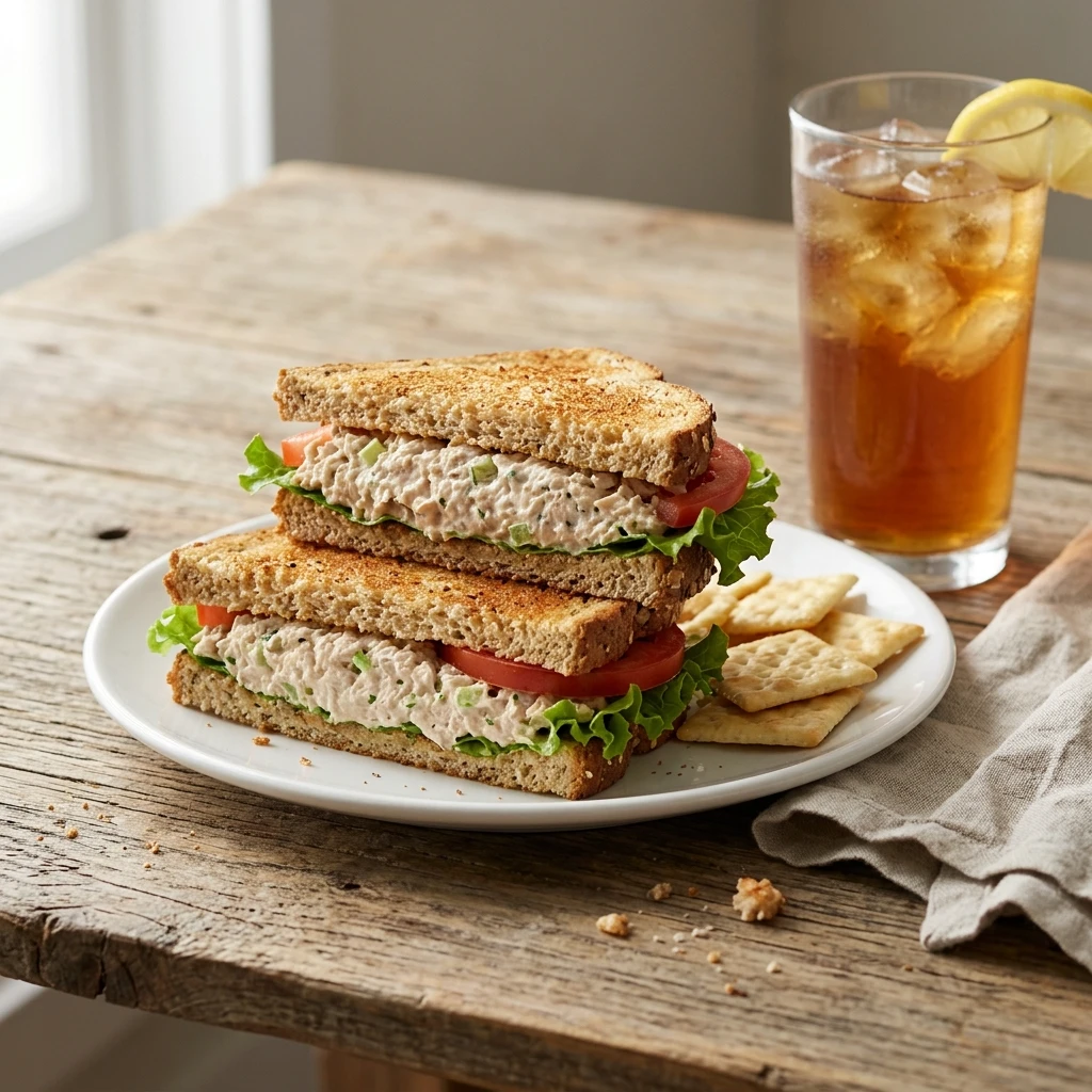  Toasted tuna salad sandwich cut in half with lettuce and tomato, served with crackers and iced tea with lemon
