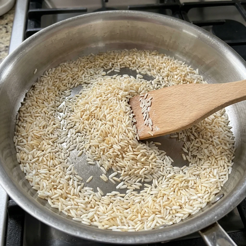 Long-grain white rice toasted to pale gold in a heavy pan before adding tomato.