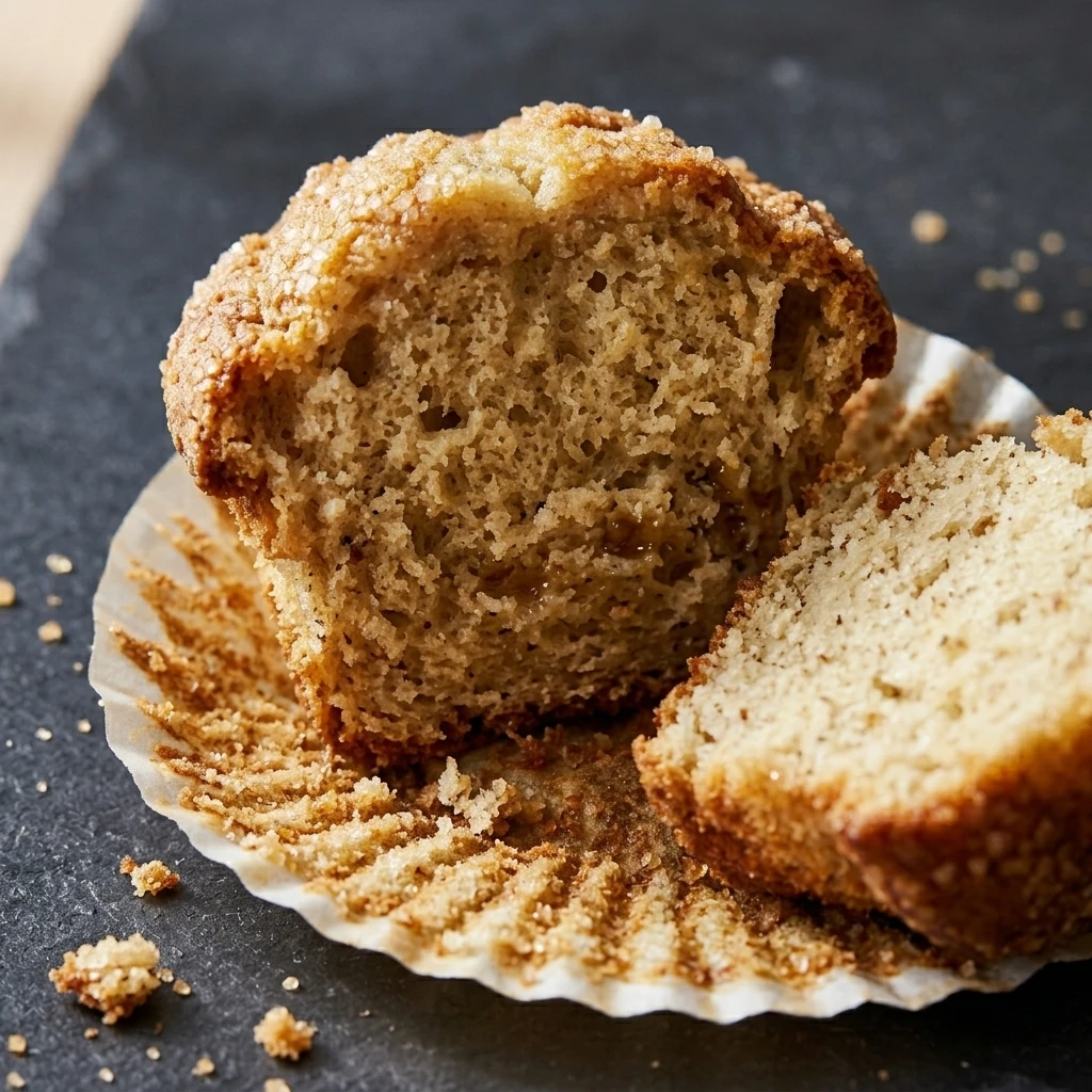  Close-up of a torn homemade banana muffin showing a tender crumb and jammy banana pockets