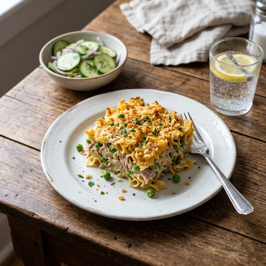 Square of easy tuna noodle casserole served on a plate beside cucumber salad for a weeknight family dinner
