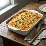 Golden baked tuna noodle casserole with crisp cheddar panko topping in a white baking dish on a wooden table