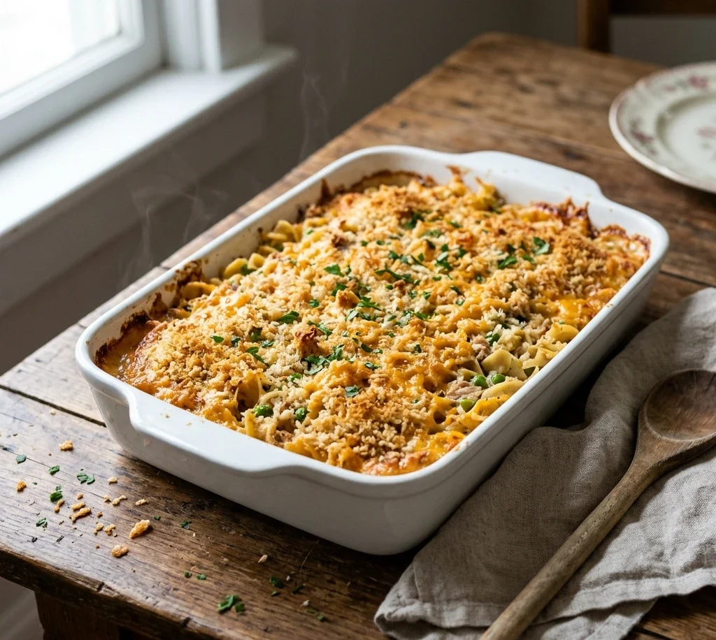 Golden baked tuna noodle casserole with crisp cheddar panko topping in a white baking dish on a wooden table