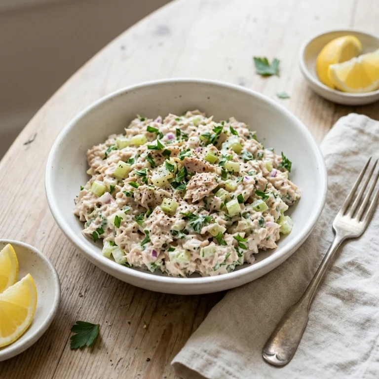 Creamy tuna salad in a white bowl with diced celery and parsley on a wooden table, ready for an easy weekday lunch