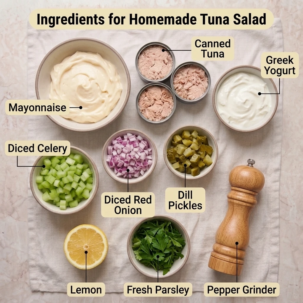  Flat lay of tuna salad ingredients including tuna, celery, red onion, dill pickles, and lemon on a marble board
