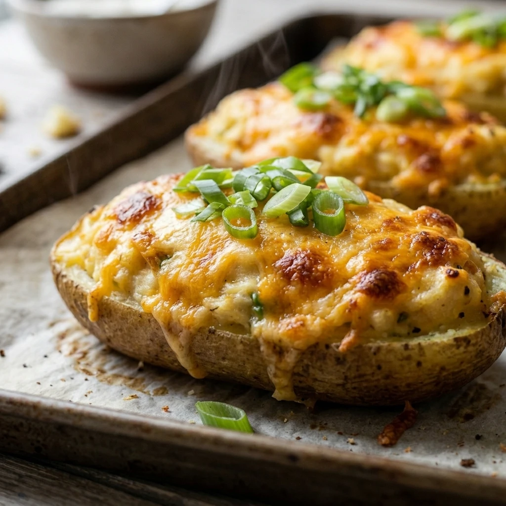 Close-up of a crisp potato skin mounded with creamy cheddar filling, a cheesy twice baked potato
