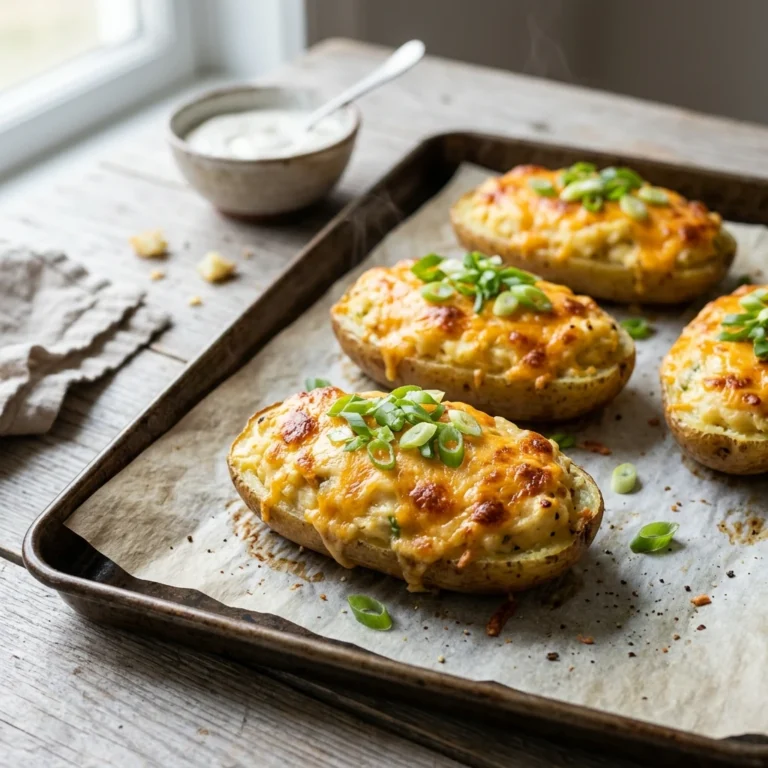 Golden twice baked potatoes with melted cheddar and scallions on a parchment lined baking sheet