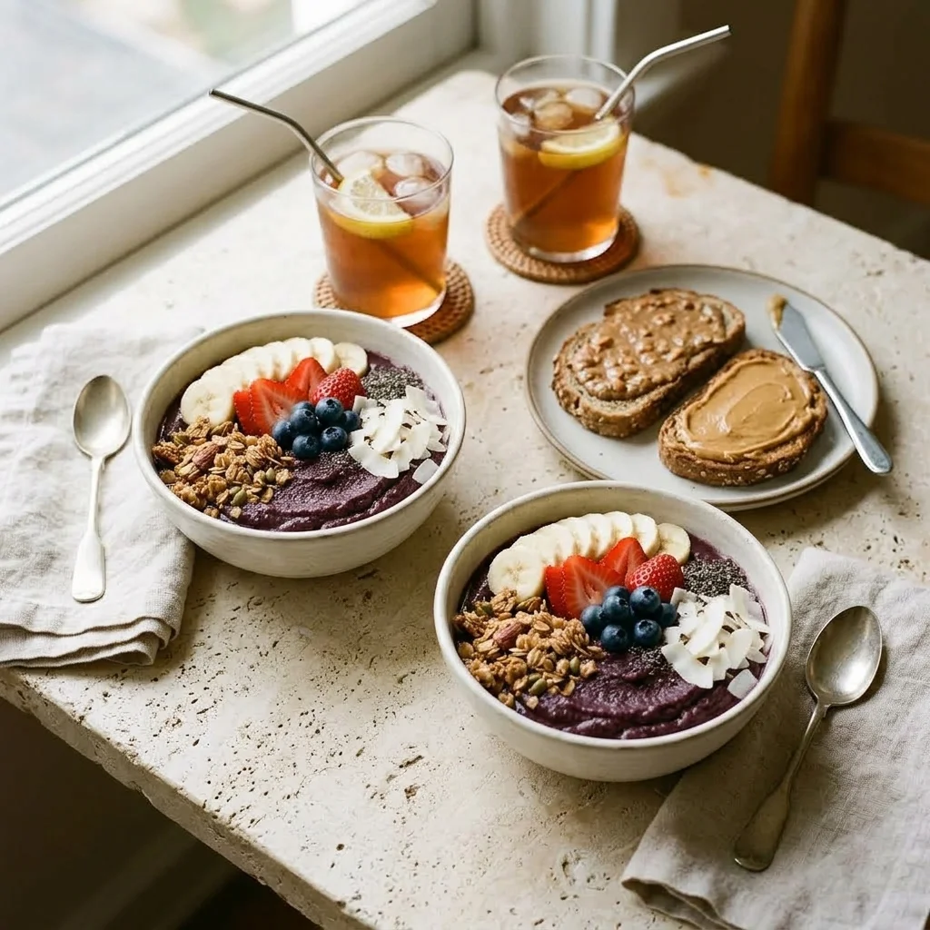 Two berry smoothie bowls served with whole-grain toast and unsweetened iced tea.