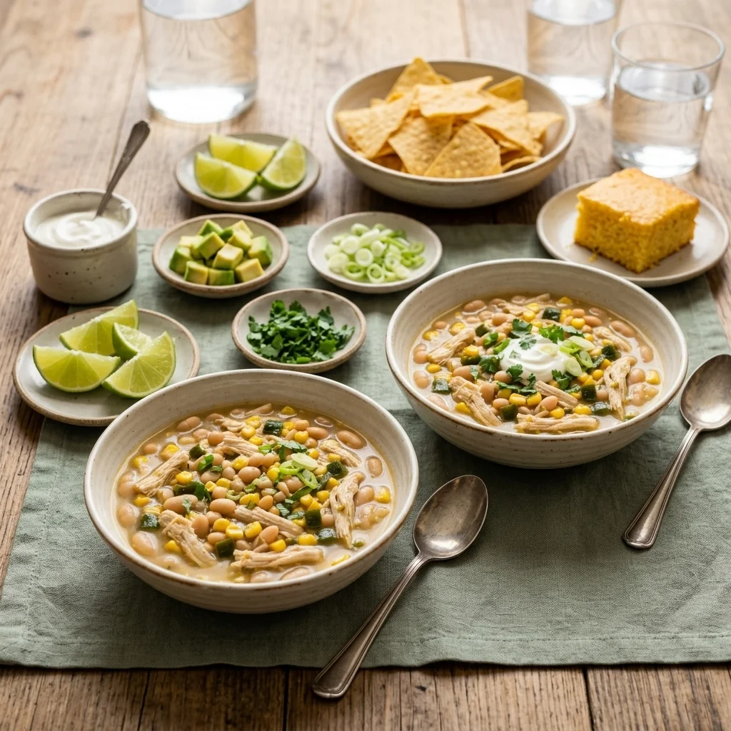 Chicken chili bowls served with avocado, lime, tortilla chips, and cornbread