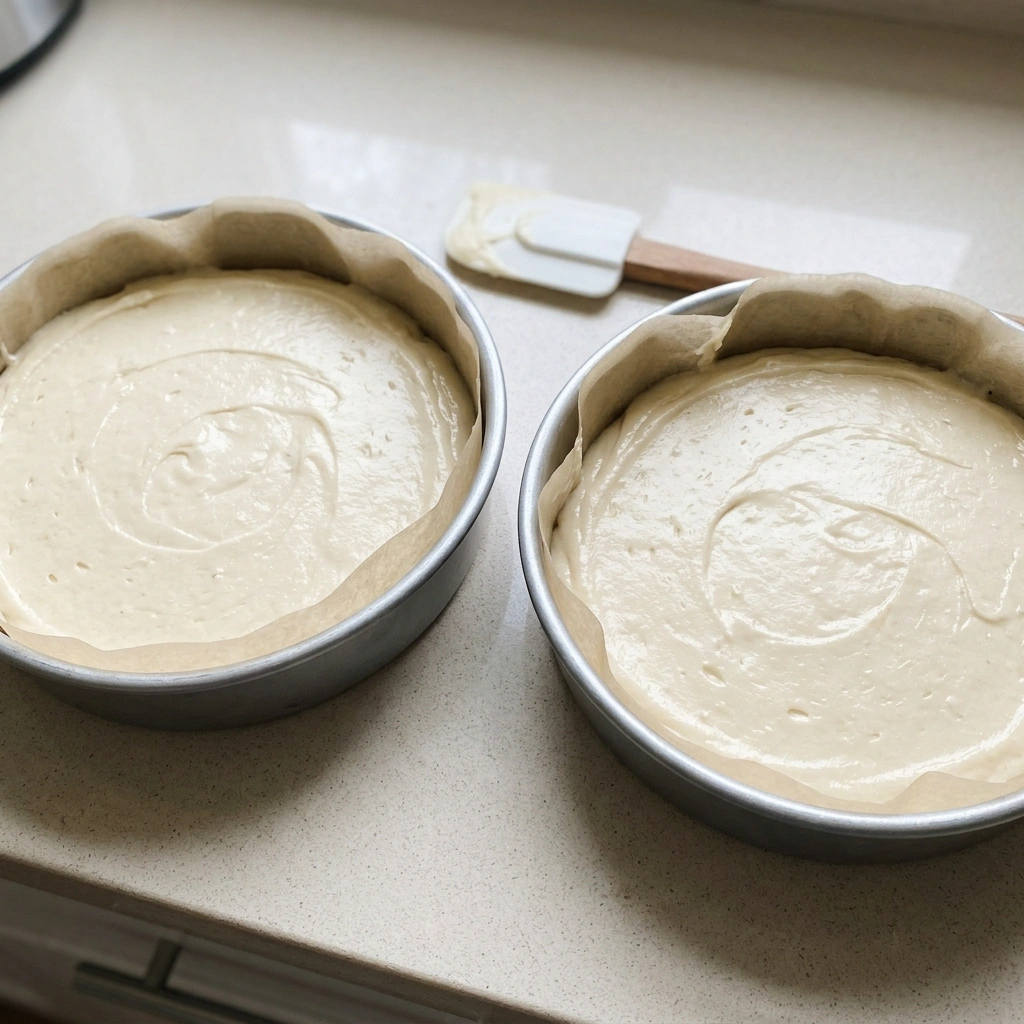 Vanilla cake batter divided between two lined 9-inch pans before baking