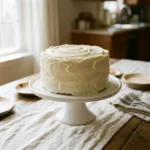Two-layer vanilla cake with pale buttercream swirls on a white stand for a birthday table