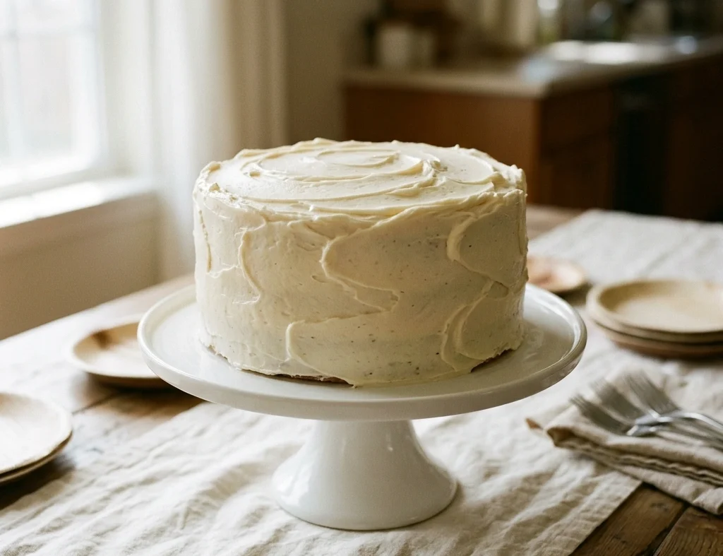 Two-layer vanilla cake with pale buttercream swirls on a white stand for a birthday table