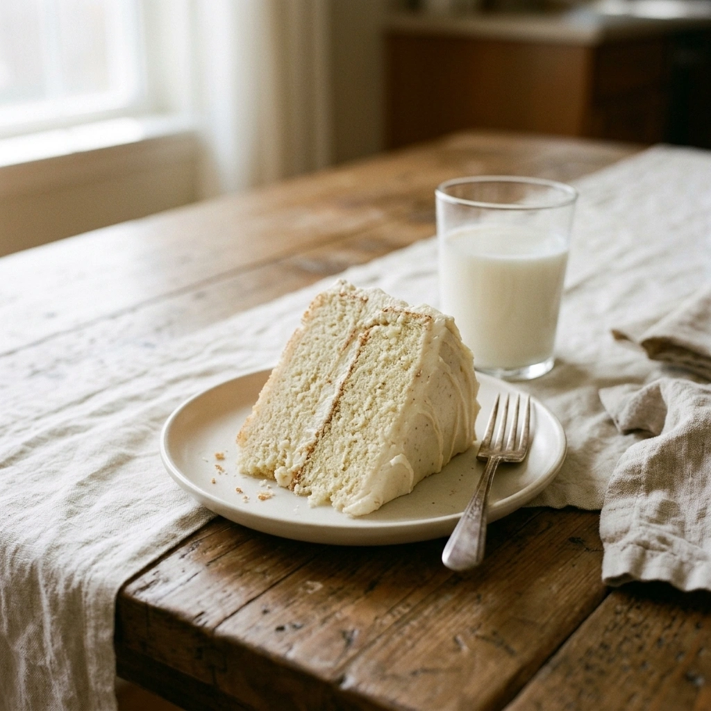 Individual frosted vanilla cake slice on a small plate with a glass of milk