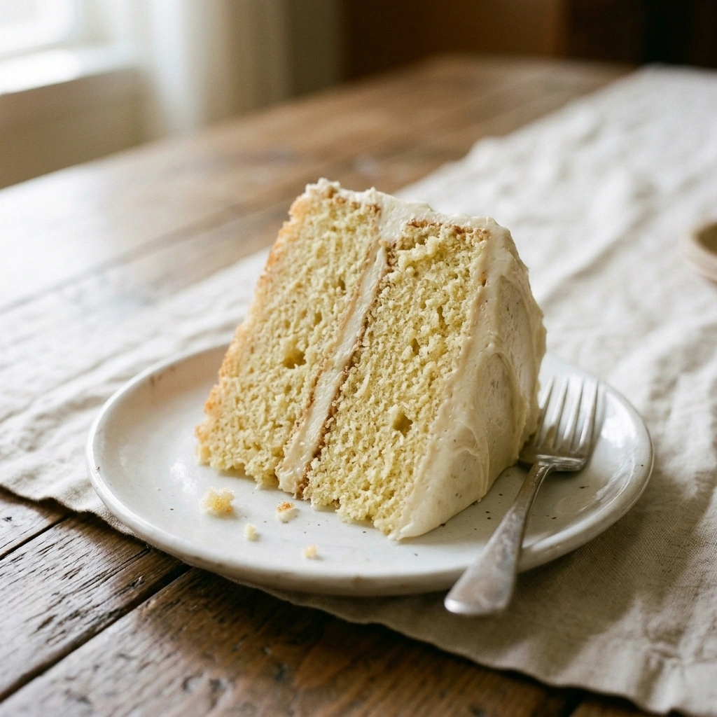 Close-up of soft vanilla cake crumb and a thin pale buttercream layer in a cut slice