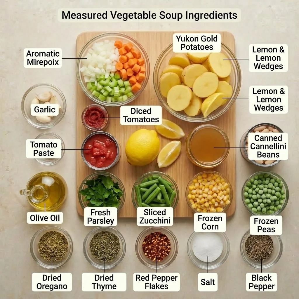 Fresh vegetables, white beans, broth, herbs, tomato paste, and seasonings arranged for homemade soup.