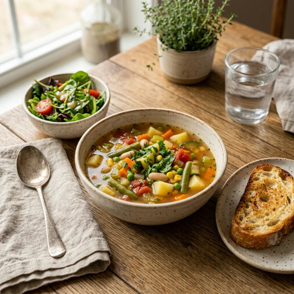 Bowl of mixed vegetable and white bean soup served with toasted bread and a fresh green salad.