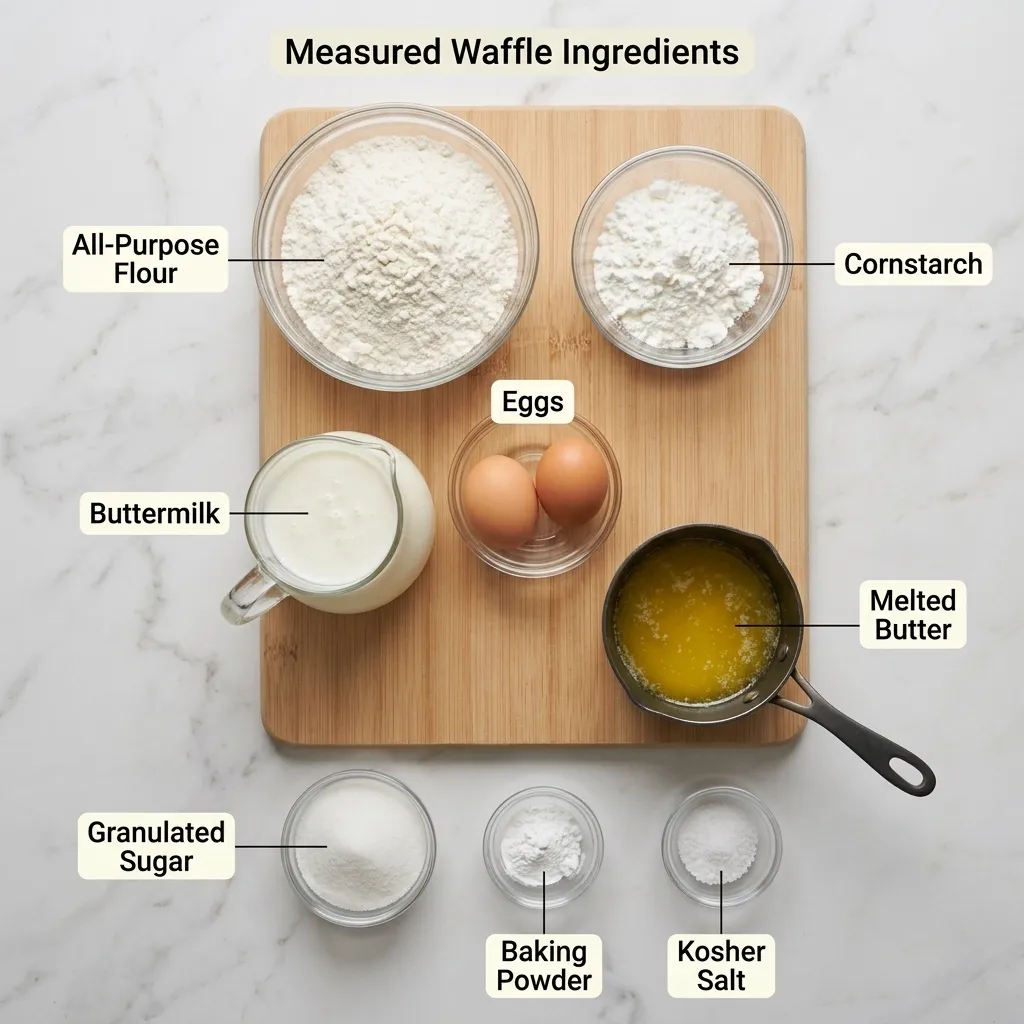 Flat lay of buttermilk waffle ingredients including flour, eggs, and melted butter