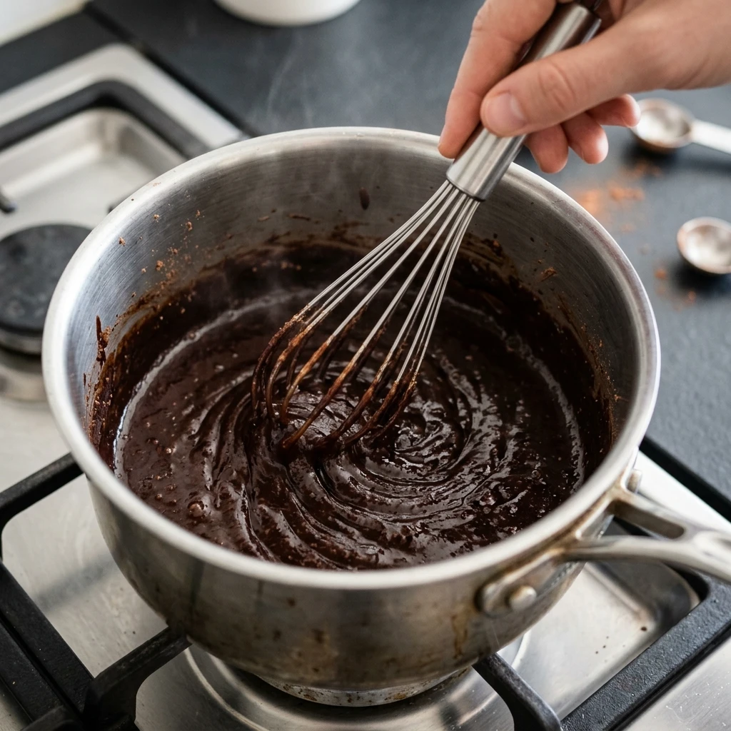  Whisk stirring a thick cocoa paste in a saucepan, first step of stovetop hot chocolate
