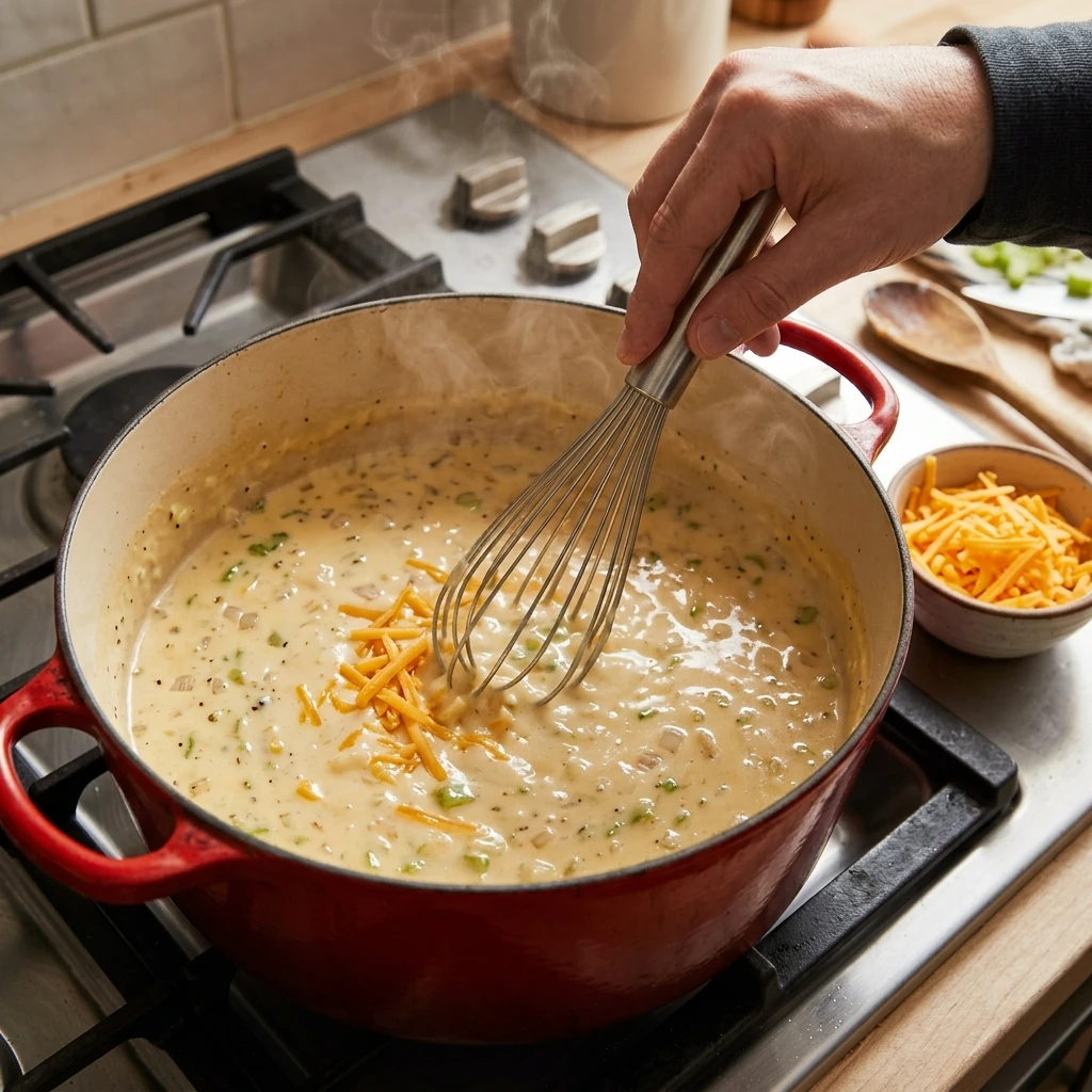 Creamy sauce for tuna noodle casserole being whisked with sharp cheddar in a Dutch oven on the stove