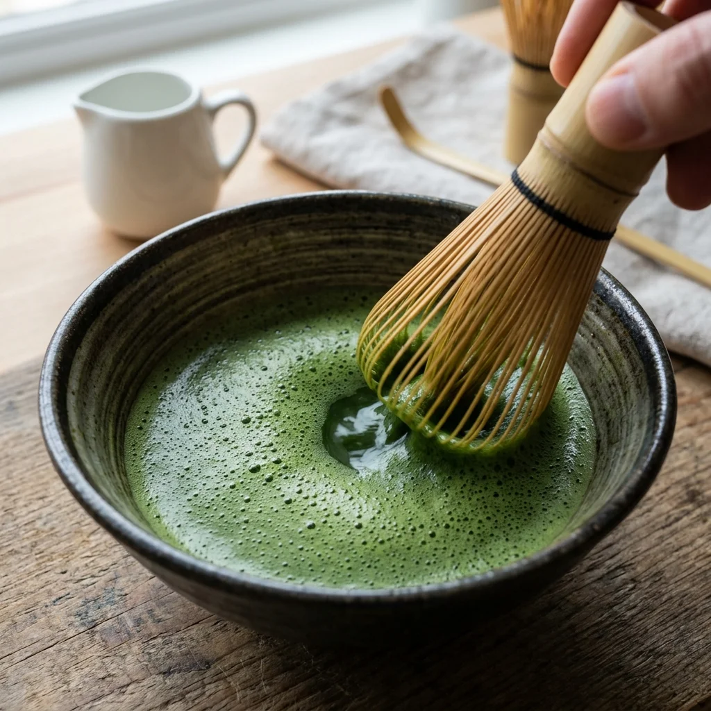 Bamboo whisk mixing sifted matcha with water before milk is added