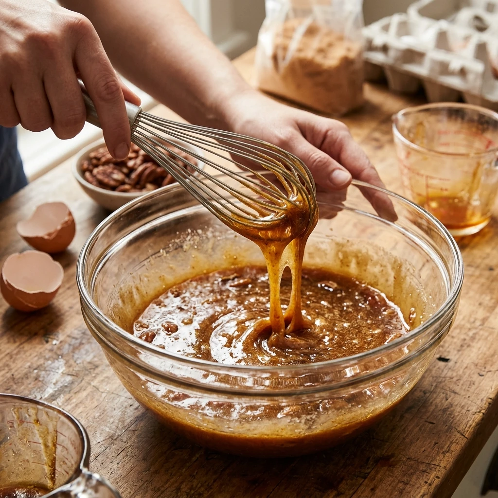 Whisking the filling for an easy pecan pie with brown sugar and corn syrup in a glass bowl