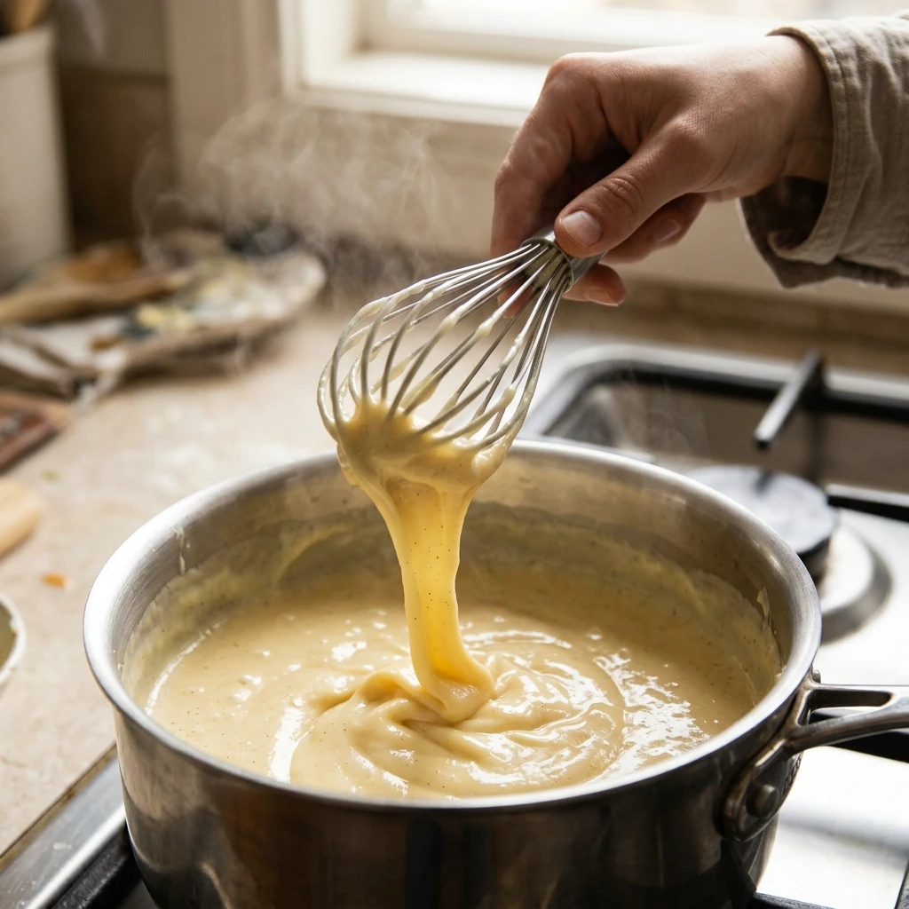 Whisking thick vanilla custard for southern banana pudding in a stainless saucepan