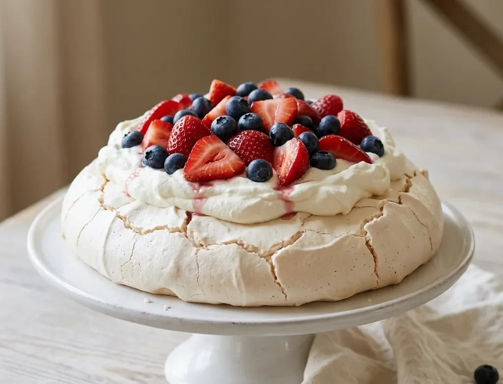 Whole berry pavlova with whipped cream and strawberries on a white cake stand