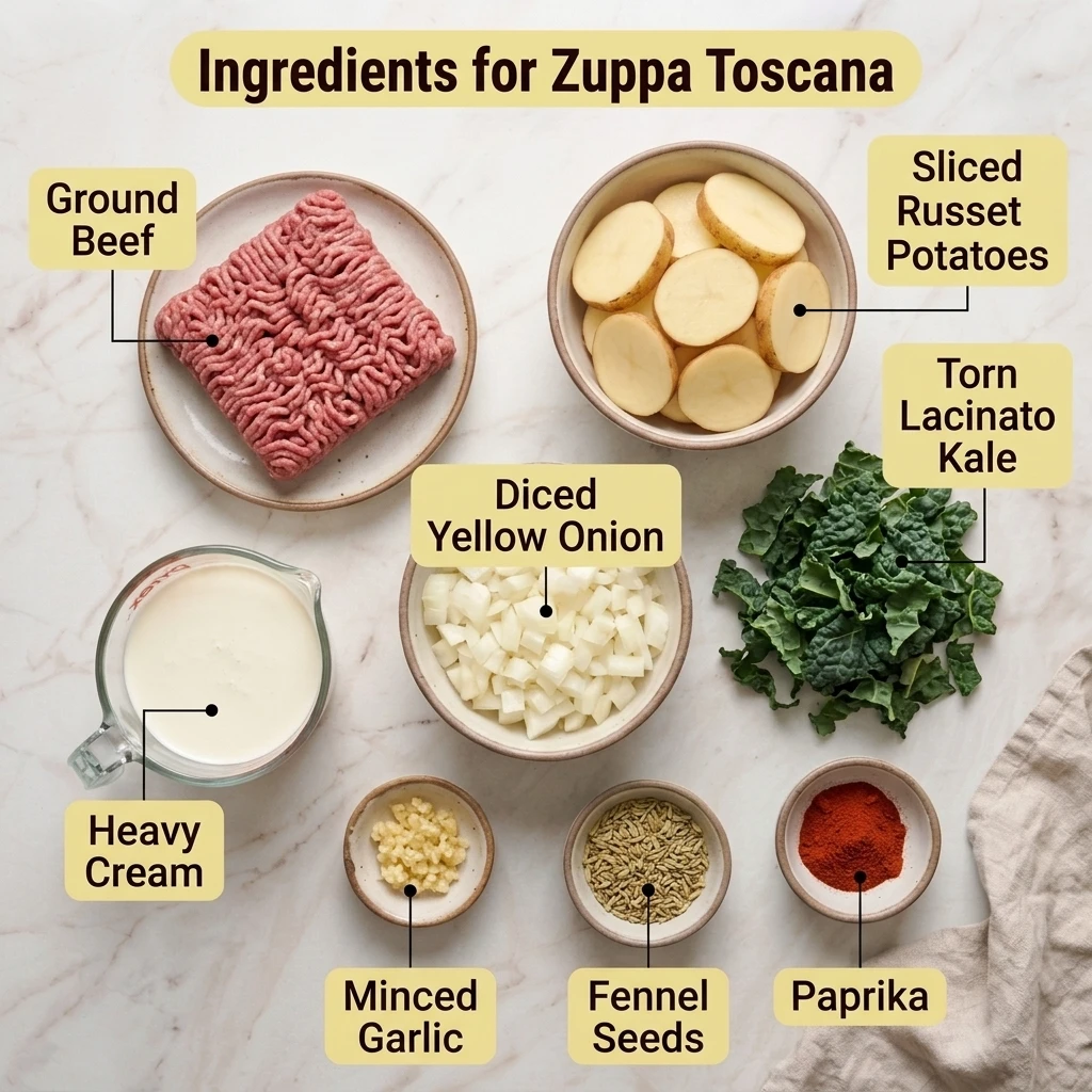 Flat lay of zuppa toscana soup ingredients: ground beef, russet potatoes, kale, and cream
