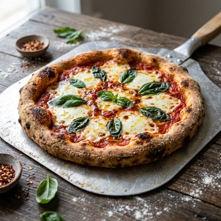 Golden homemade pizza dough recipe baked into a basil margherita pizza on a metal pizza peel