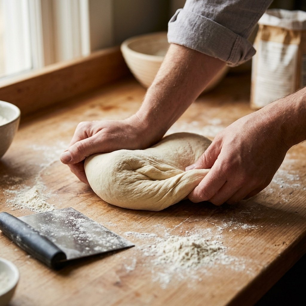 Hands kneading smooth pizza dough on a floured counter for a chewy homemade crust