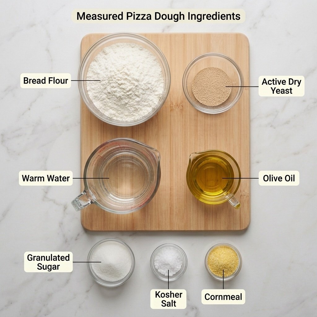 Pizza dough ingredients flat lay with bread flour, yeast, olive oil, kosher salt, and warm water