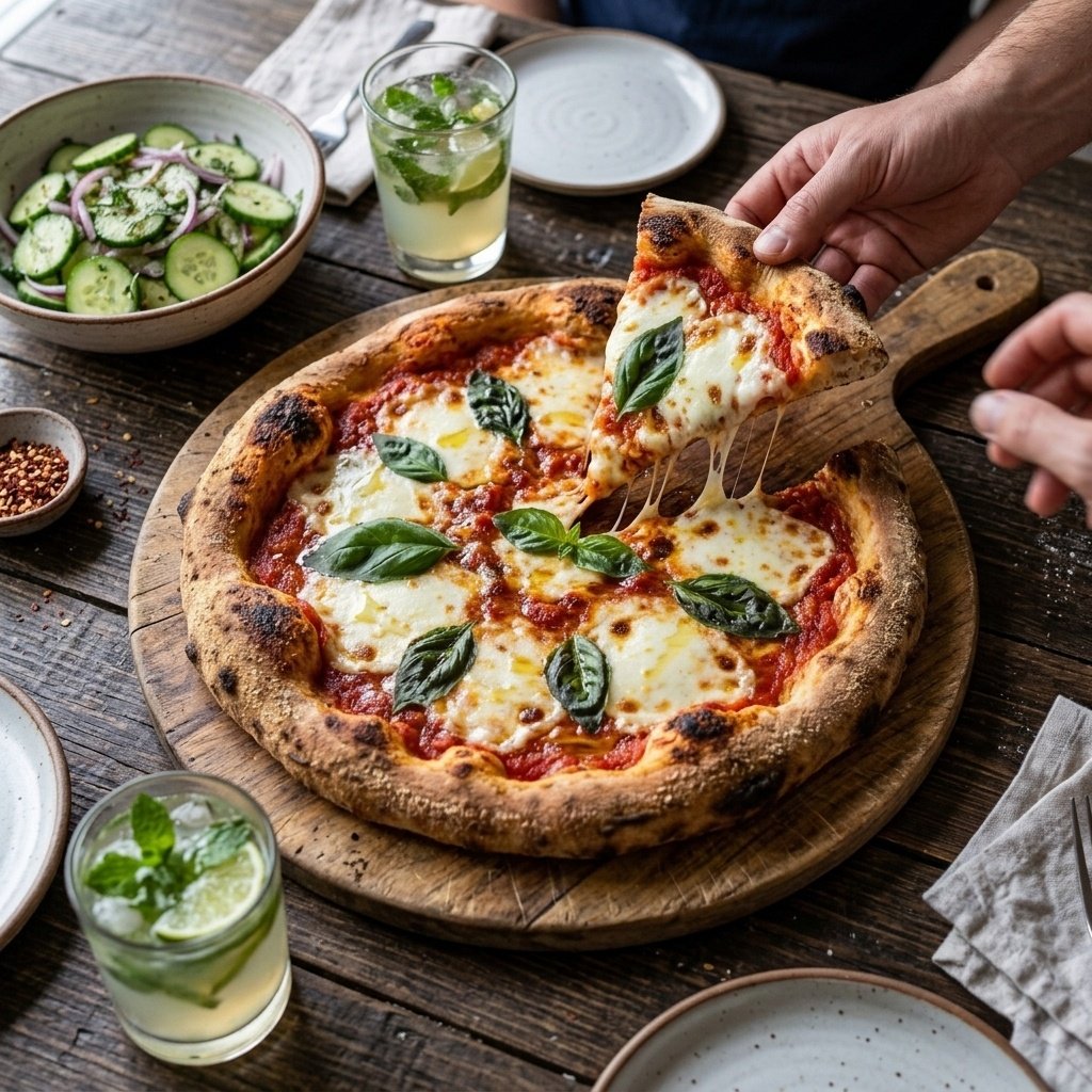Sliced homemade cheese pizza on a cutting board with cucumber salad for family pizza night