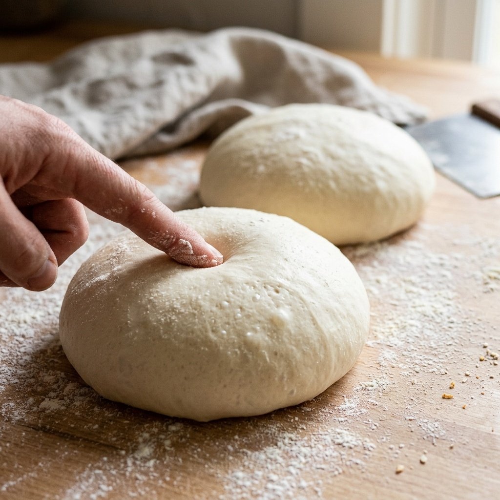 Risen pizza dough balls showing the poke test dent before stretching into 12-inch crusts