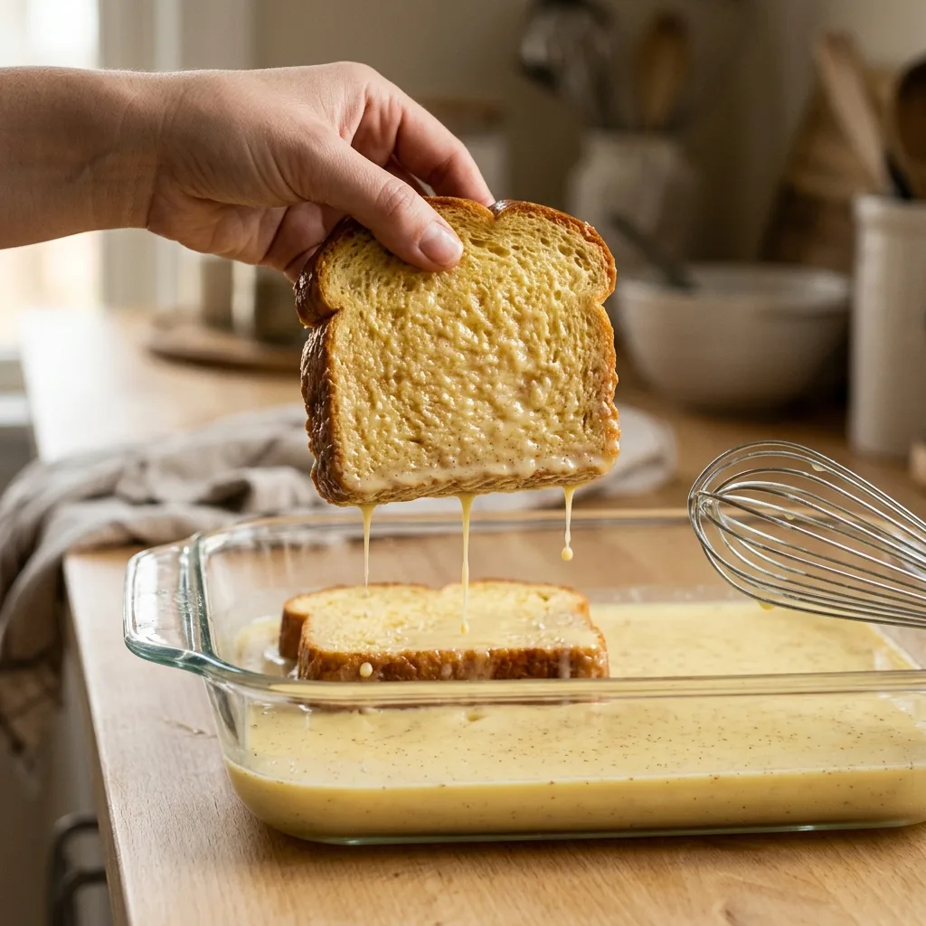  Hand lifting a brioche slice from custard in a baking dish to make homemade french toast
