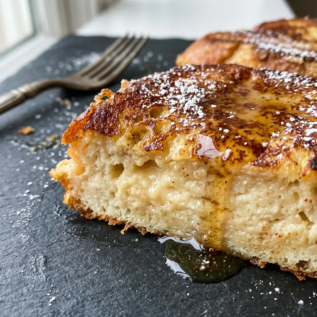  Close-up of a halved brioche french toast slice with crisp golden edges and a soft custard center