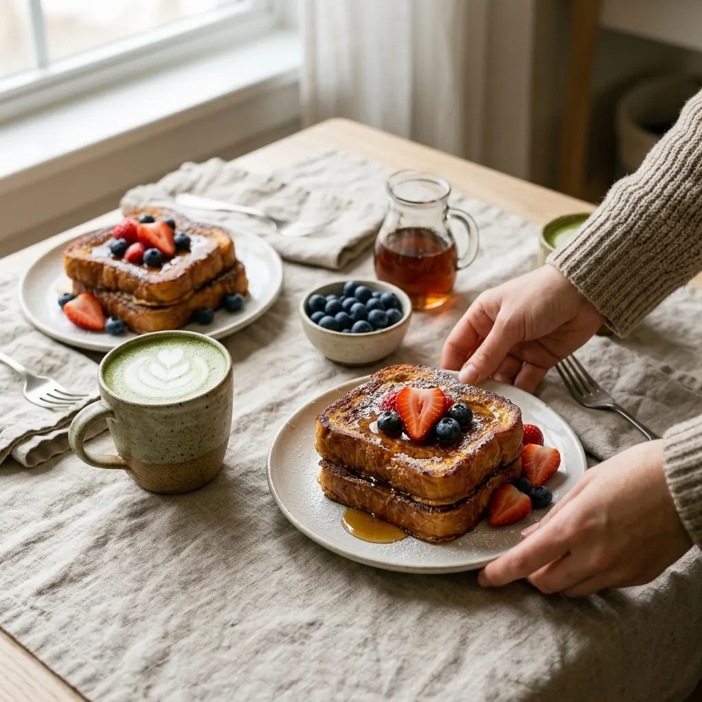 Plated french toast with berries, syrup, and a matcha latte on a family breakfast table
