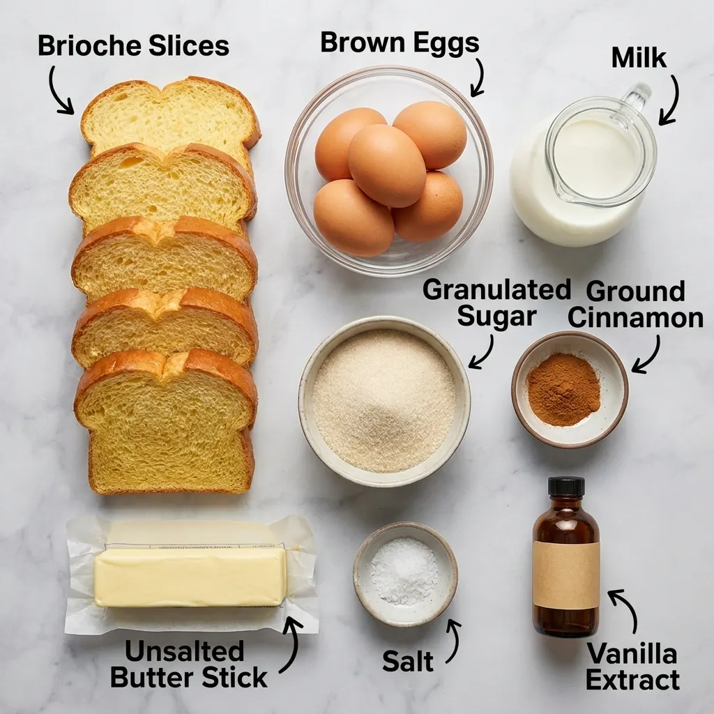 Ingredients for easy french toast laid out flat: brioche, eggs, milk, cinnamon, sugar, and butter
